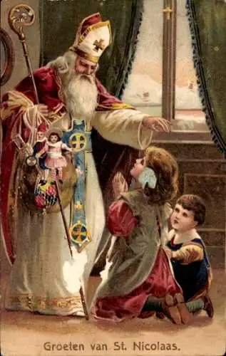 Präge Ak St. Nikolaus, betende Kinder, Geschenke