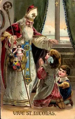 Ak St. Nikolaus, betende Kinder, Geschenke
