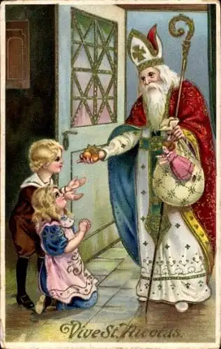 Ak St. Nikolaus an der Tür, betende Kinder, Geschenke