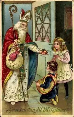 Ak St. Nikolaus an der Tür, Kinder, Geschenke