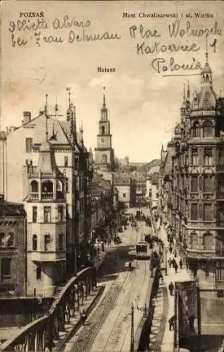 Ak Poznań Posen, Chwaliszewski-Brücke, Wielka-Straße, Rathaus, Straßenbahn