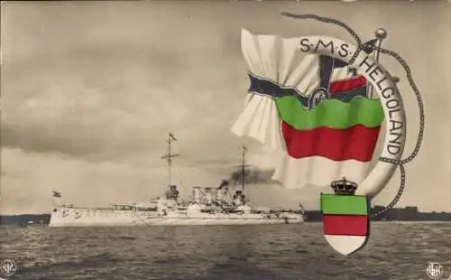 Ak Deutsches Kriegsschiff, SMS Helgoland, Linienschiff, Fahnen, Kaiserliche Marine, NPG, GLK