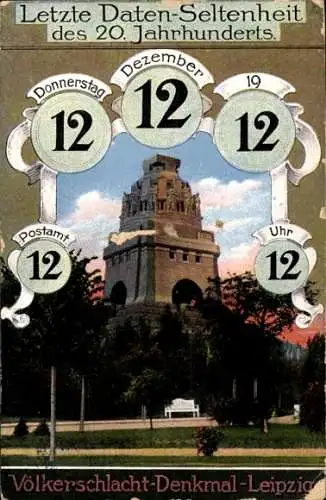 Ak Leipzig in Sachsen, Völkerschlachtdenkmal, 12 12 1912, 12 Uhr 12