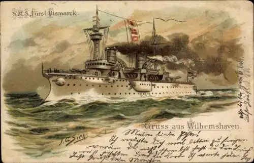 Präge Künstler Litho Siehl, J.G., Deutsches Kriegsschiff, SMS Fürst Bismarck, Kaiserliche Marine