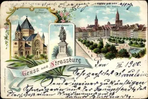 Judaika Litho Straßburg Elsass Bas Rhin, Neue Synagoge, Kleberplatz, Kleber-Denkmal