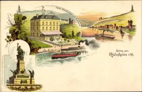 Litho Rüdesheim am Rhein, Niederwald Nationaldenkmal, Hotel Im Rottland, Salondampfer