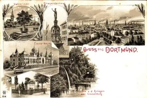 Mondschein Litho Dortmund im Ruhrgebiet, Kriegerdenkmal, Gesamtansicht, Kronenburg