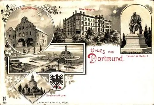 Mondschein Litho Dortmund im Ruhrgebiet, Altes Rathaus, Oberbergamt, Kaiser Wilhelm I, Steinersturm