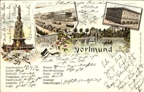 Litho Dortmund im Ruhrgebiet, Kriegerdenkmal, Gymnasium, Bahnhof