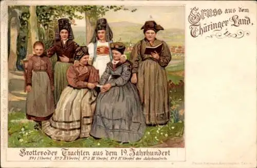 Litho Gruß aus dem Thüringer Land, Brotteroder Trachten aus dem 19. Jahrhundert