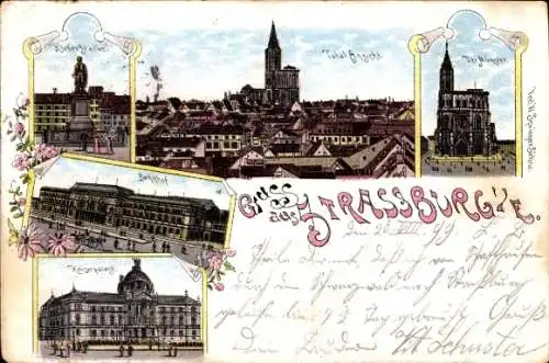 Litho Straßburg Elsass Bas Rhin, Bahnhof, Münster, Kaiserpalast