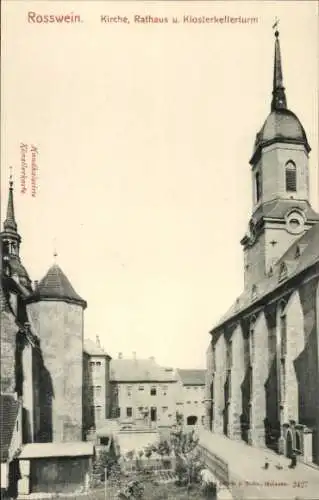 Ak Roßwein in Sachsen, Kirche, Rathaus, Klosterkellerturm