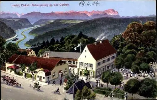 Ak Geiselgasteig Grünwald in Oberbayern, Einkehr, Wirtshaus und Aussicht, Isartal