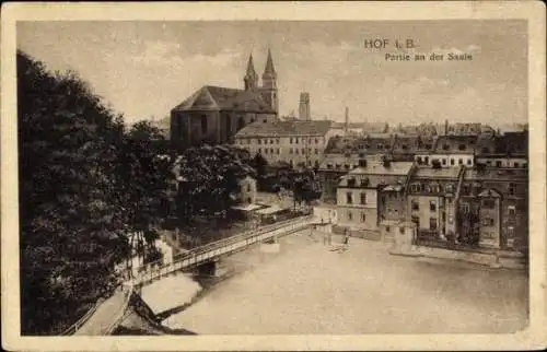 Ak Hof in Bayern Oberfranken, Partie an der Saale, Brücke