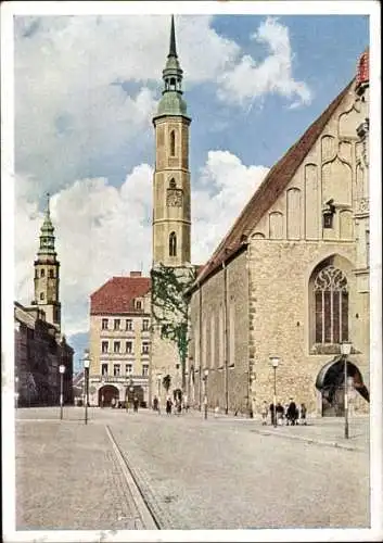 Ak Görlitz Oberlausitz, Obermarkt mit Dreifaltigskeitskirche, Rathausturm, Mönch