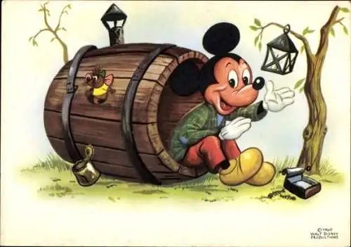 Künstler Ak Walt Disney, Micky Maus, Fass, Landstreicher