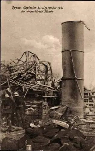 Ak Oppau Ludwigshafen am Rhein, Explosion des Stickstoffwerkes 1921, Eingestürzter Kamin