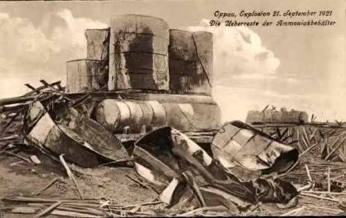 Ak Oppau Ludwigshafen am Rhein, Explosion des Stickstoffwerkes 1921, Überreste d. Ammoniakbehälter