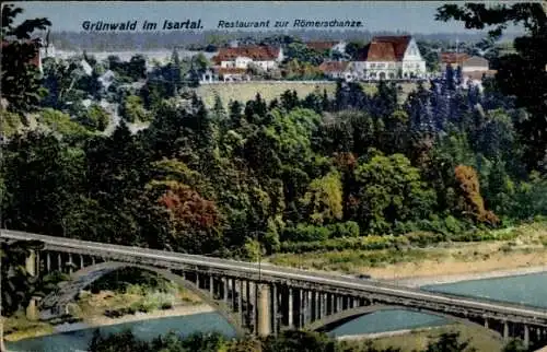 Ak Grünwald im Isartal Oberbayern, Brücke, Restaurant zur Römerschanze