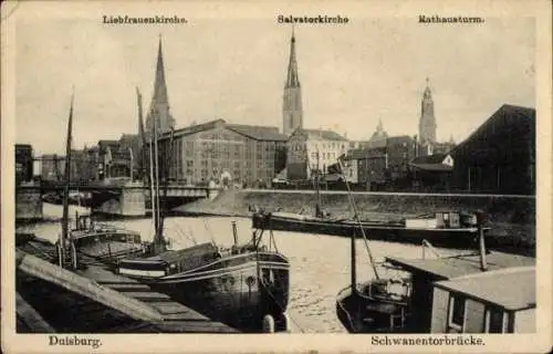Ak Duisburg im Ruhrgebiet, Liebfrauenkirche, Salvatorkirche, Rathausturm, Frachtschiffe