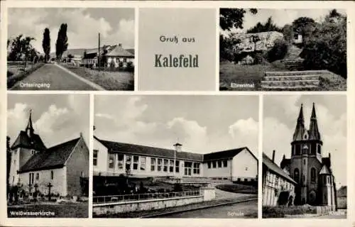 Ak Kalefeld am Harz, Ortseingang, Weißwasserkirche, Schule, Kirche, Ehrenmal