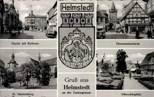 Ak Helmstedt in Niedersachsen, Wappen, Markt, Rathaus, St. Marienberg, Albrechtsplatz, Hausmannsturm