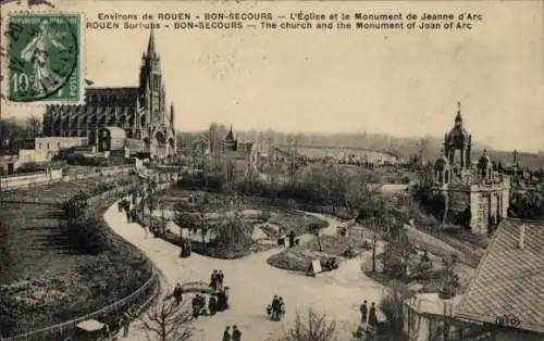 Ak Bonsecours Seine Maritime, L'Eglise, Monument de Jeanne d'Arc