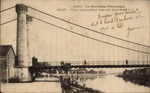 Ak Gray Haute Saône, Pont suspendu, Vue sur la Saone