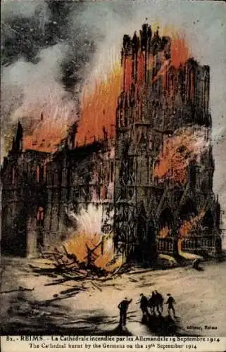 Künstler Ak Reims Marne, La Cathedrale incendiee par les Allemands le 19 Septembre 1914