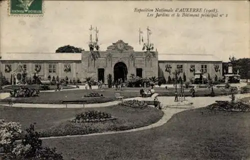 Ak Auxerre Yonne, Exposition Nationale 1908, Les Jardins et le Batiment principal no 1