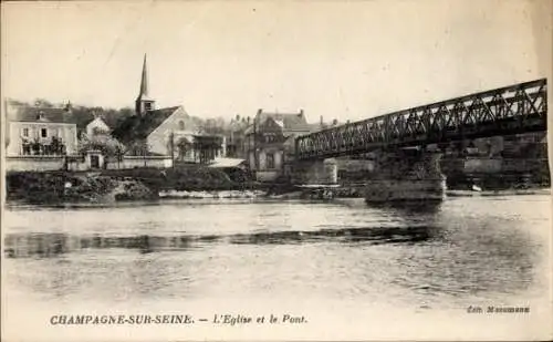 Ak Champagne sur Seine Seine et Marne, Kirche, Brücke