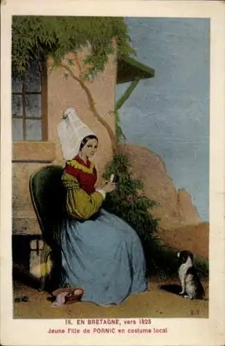 Ak Pornic Loire-Atlantique, In der Bretagne, um 1825, junges Mädchen in lokaler Tracht
