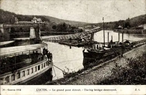 Ak Lustin Profondeville Wallonien Namur, Kriegszerstörung 1914, zerstörte große Brücke