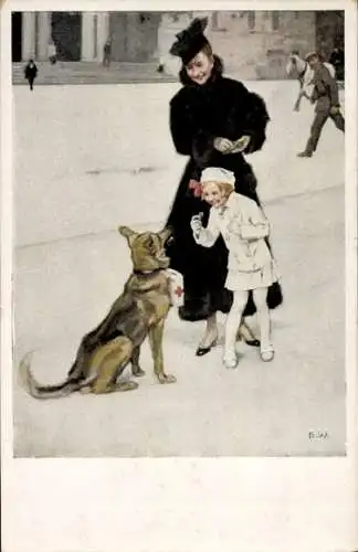 Künstler Ak Wennerberg, Bruno, Fürs Rote Kreuz, Schäferhund, Spendensammlung, Frau, Mädchen