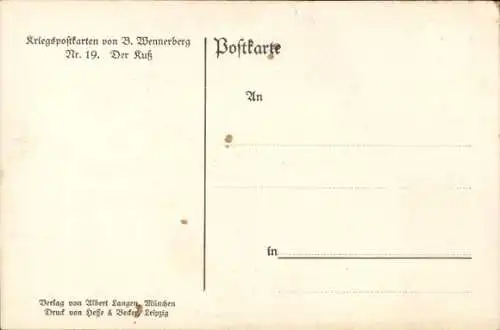 Künstler Ak Wennerberg, Bruno, Der Kuss, Abschied am Bahnhof, Soldaten, Kriegsausmarsch, I. WK