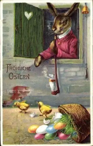 Ak Glückwunsch Ostern, Hase beim Rauchen, Ostereier, Küken, Korb
