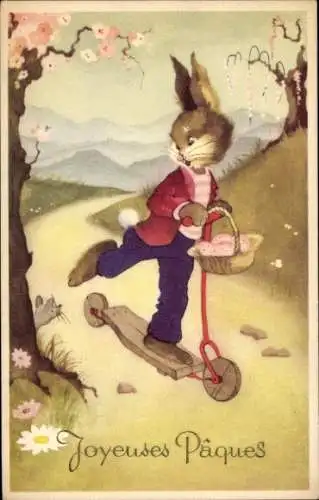 Ak Glückwunsch Ostern, Hase fährt Roller, Korb, Eier
