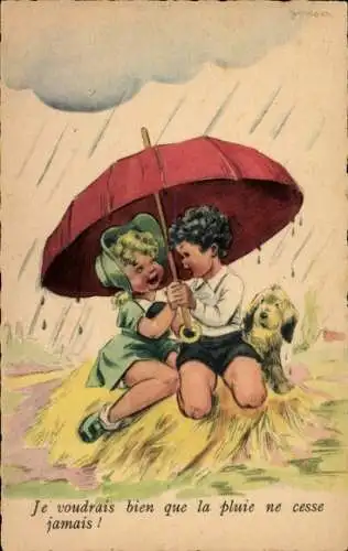Künstler Ak Junge und Mädchen unter einem roten Regenschirm