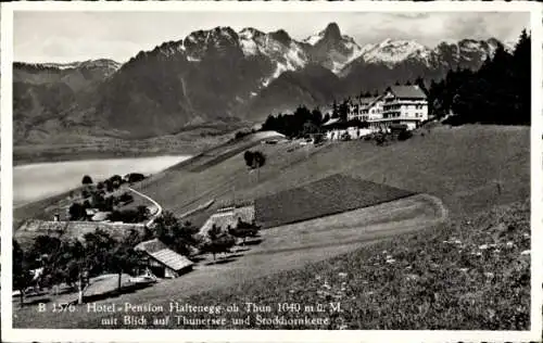Ak Thun Kanton Bern Schweiz, Hotel-Pension Haltenegg, Thunersee, Stockhornkette