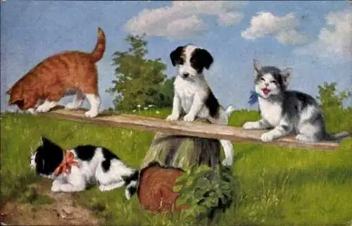Ak Drei Katzenkinder spielen mit Hund auf Baumstamm