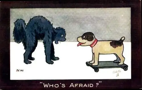 Künstler Ak Katze hat Angst vor einem Hund-Spielzeug