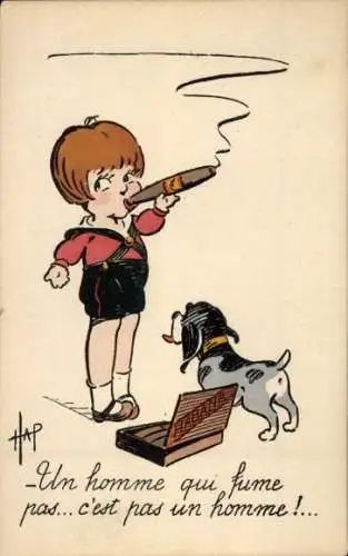 Künstler Ak Rauchendes Kind, Habana-Zigarren, Hund