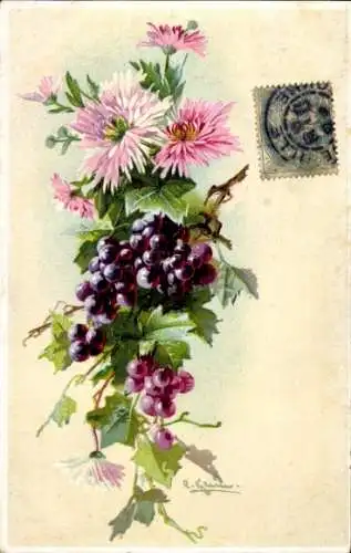 Präge Künstler Ak Klein, C., Blühende Blumen, Weintrauben