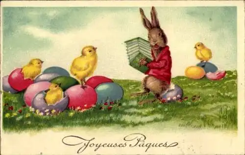 Ak Glückwunsch Ostern, Osterhase spielt Musikinstrument, Küken, Ostereier