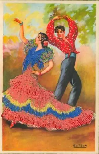 Seidenstick Künstler Ak Tela, E., Spanische Tracht, Tanzpaar