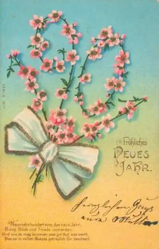 Glitzer Litho Glückwunsch Neujahr 1901, Blumen, Weiße Schleife