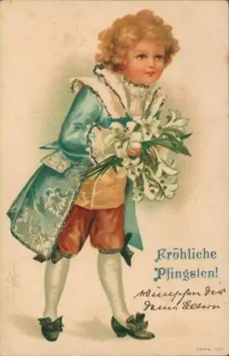 Glitzer Litho Glückwunsch Pfingsten, Kind, Blumenstrauß