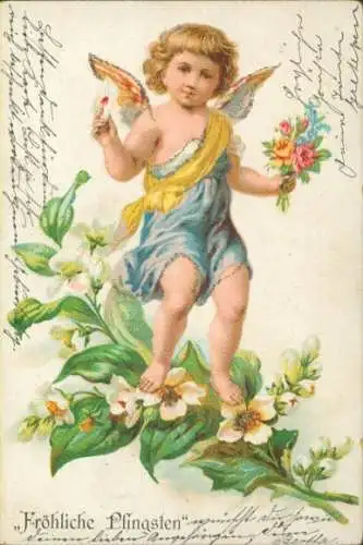 Glitzer Litho Glückwunsch Pfingsten, Engel, Blumen