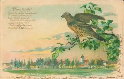 Glitzer Litho Glückwunsch Pfingsten, Vogel am Baum, Laubbaum