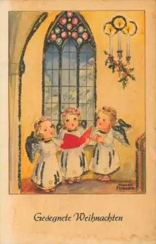 Glitzer Künstler Ak Petersen, H., Glückwunsch Weihnachten, Singende Engel